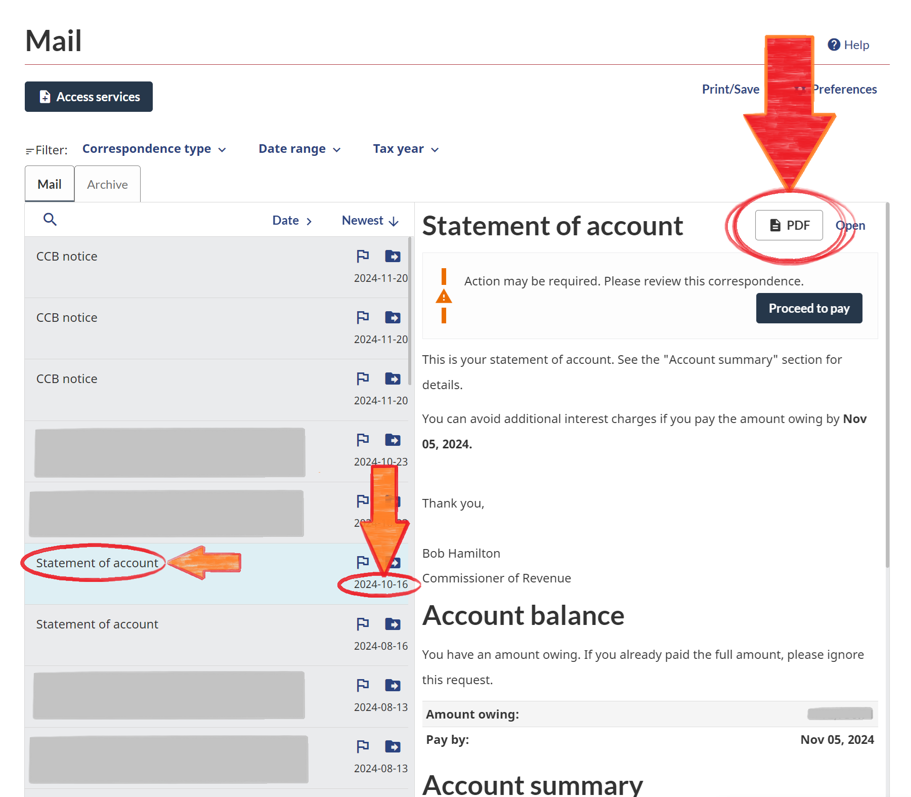 SOA Statement of Account CRA 